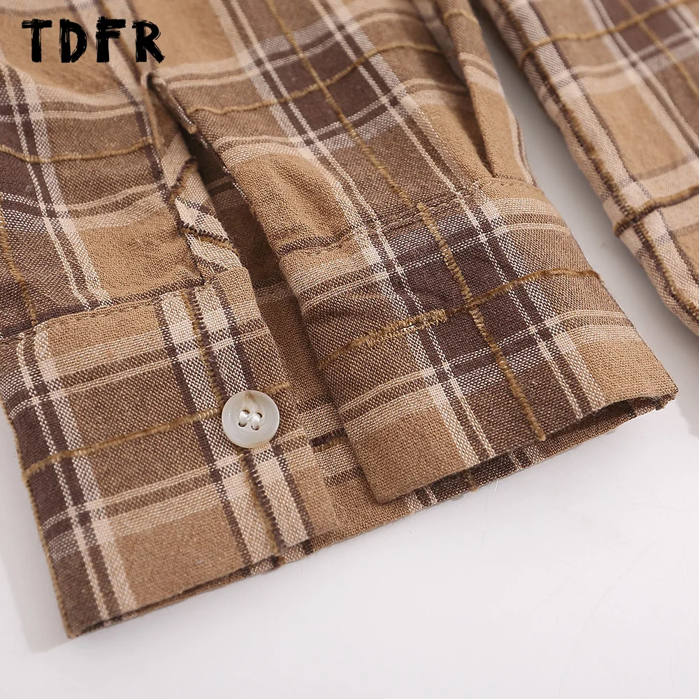 Letter Embroidery Plaid Shirts Mens Autumn Casual Loose Single Breasted Long Sleeve Lapel Shirts Men