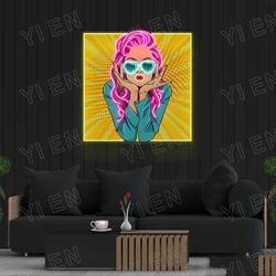 Letrero de neón de arte Pop de Wow Lady, obra de arte acrílica LED, arte Pop de cómic, colgante de pared, decoración del hogar, Cara de mujer, diseño de arte Pop, neón Wow S