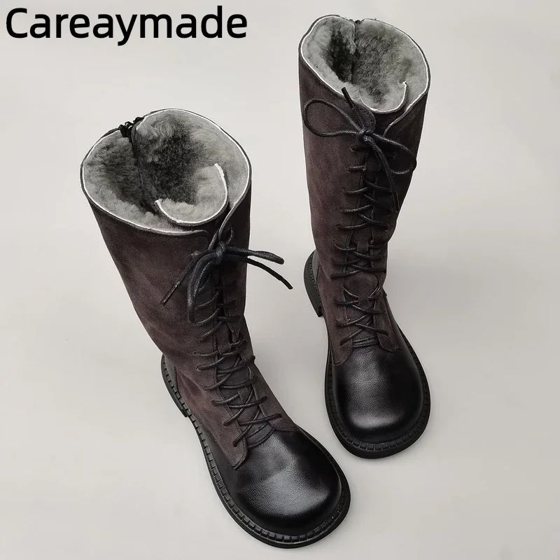 

Careaymade-Genuine leather big head wide edition women's boots long high tube round cowhide lace up fat foot single cavalry boot