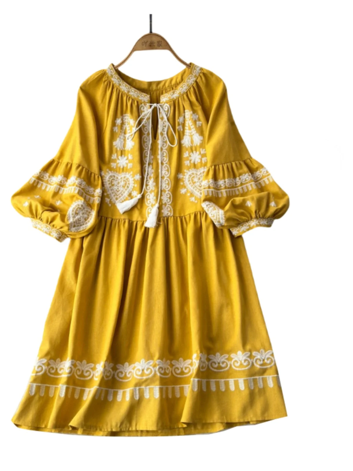 여성 루즈핏 오버사이즈 드레스 코튼 린넨 에스닉 스타일 V넥 자수 프린지 휴가 비치 보헤미안