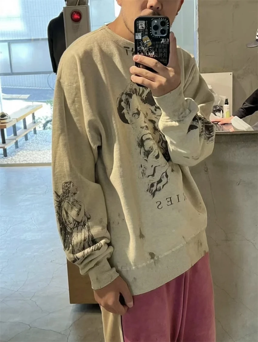 24SS Vintage High-quality Washed Printed Pure Cotton Retro Round Neck Fleece Hoodie High Street Casual Loose Trendy Oversize