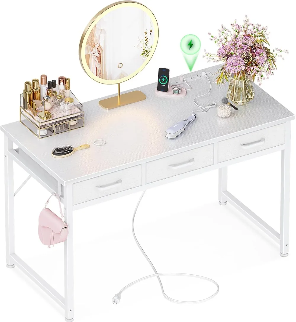 

AODK Vanity Desk Without Mirror, Makeup Vanity with 3 Fabric Drawers,White Vanity Desk Dressing with Charging,White