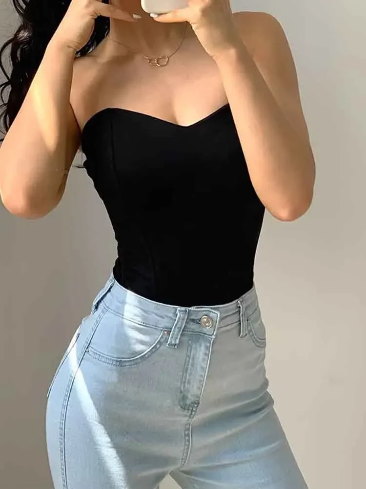 

European style new women's fashion versatile temperament sexy fishbone tube top black small vest slim top
