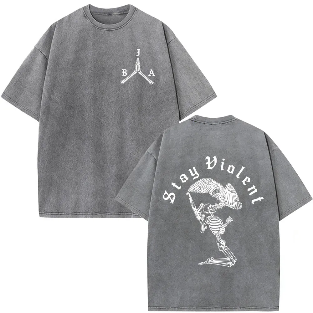Vintage Washed Stay Violent Brothers in Arms Skeleton T-shirt Men Women Clothing Casual Cotton Short Sleeve T Shirts Streetwear