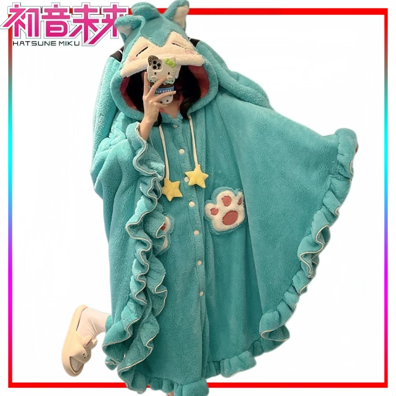 新しい初音ミクバスローブラウンジウェア漫画初音ミクマントケープフード付きアニメグッズホリデーギフト厚くて暖かい