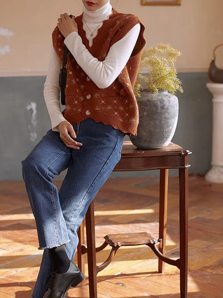 Knit Vests for Women Flowers Cardigan Waistcoat V-Neck Off-white Lady Sweaters Tops 2024 Elegant Clothing Trend Formal Warm Wool