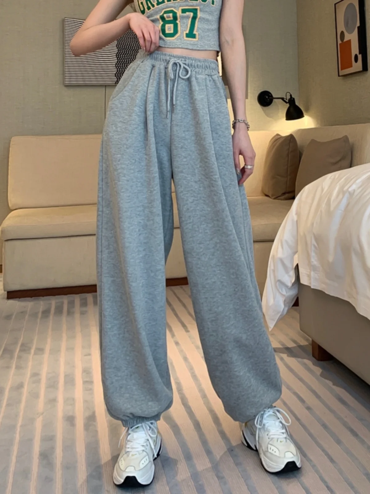 Gray Fleece Lined Sport Pants Women's Jazz Dance Loose Cuffed High Waist Draping Thin Casual Lantern Pants Korean Style