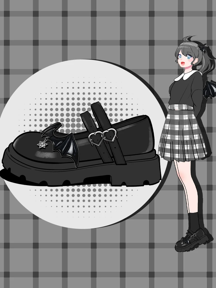 Dophee Japan Style Demon Wings Black Leather Shoes Vintage Mary Jane Pumps Love Buckle Sweet Women Lolita Gothic Thick Bottom
