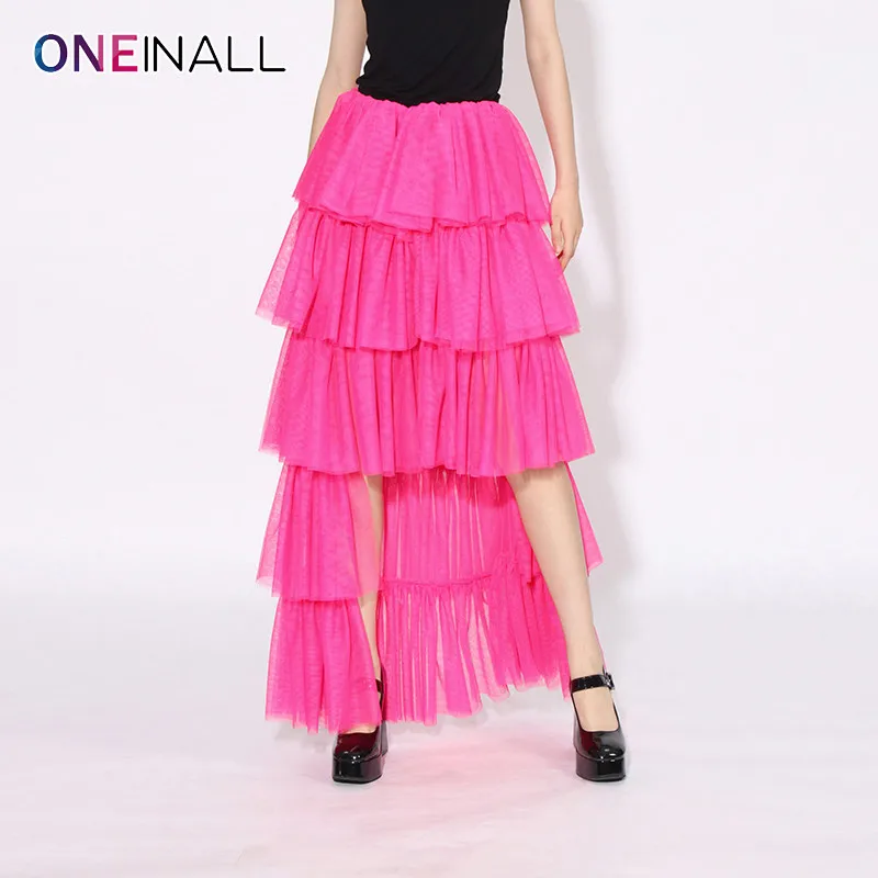 ONEINALL Patchwork Tierred Mesh Skirts For Women High Waist Oversize Folds A Line Temperament Spring Irregular Chic Skirt Female