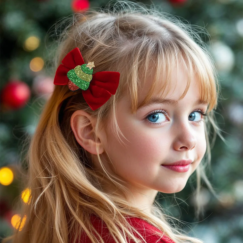 2Pcs Christmas Velvet Bow Hair Clips Sparkling Reindeer Santa Claus Hairpins For Girls Kids New Year Party Headwear Accesories