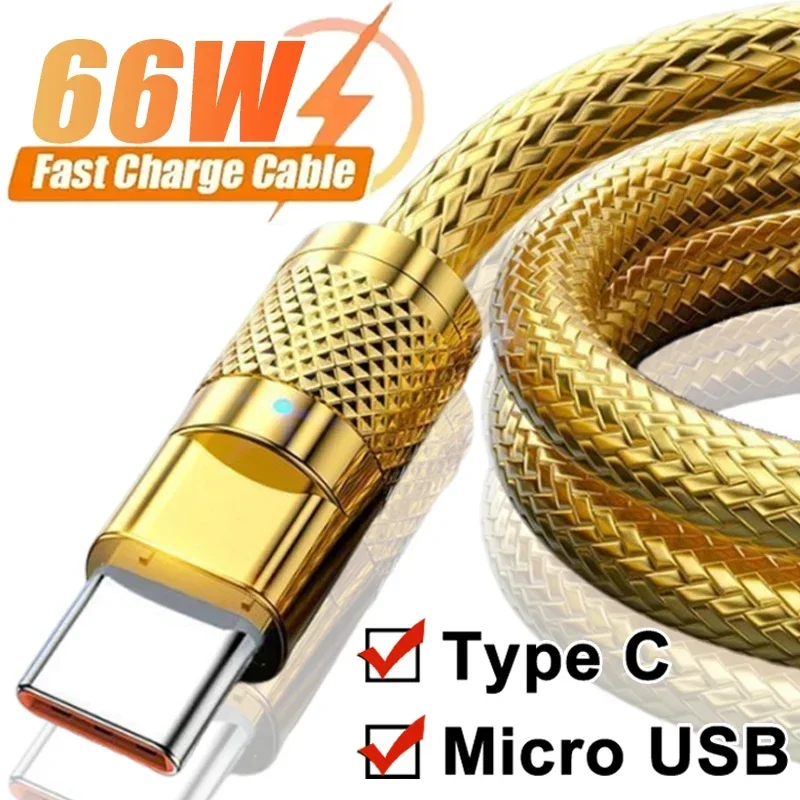 Cable de datos de Metal de lujo dorado tipo C Micro USB Cable de carga súper rápida para Samsung Xiaomi Oppo Vivo carga rápida para teléfono móvil