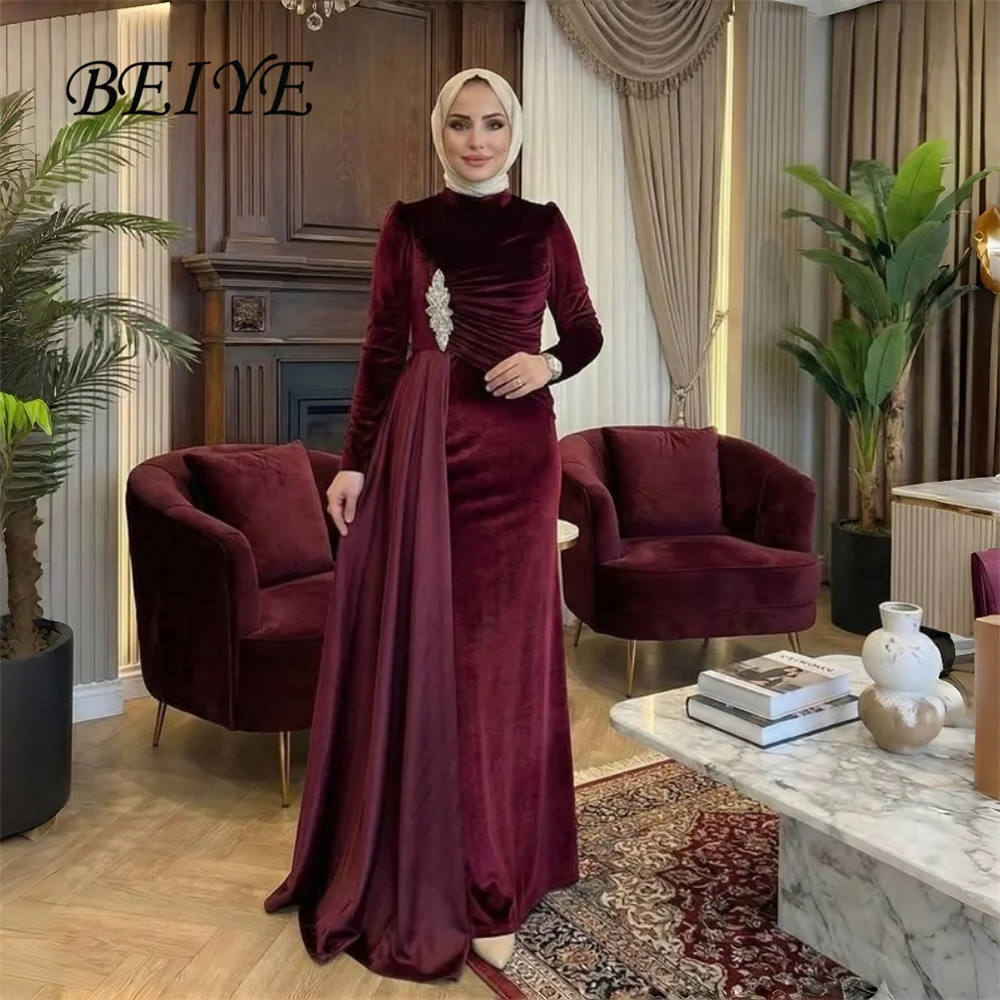 

BEIYE Modest Muslim Long Sleeve Velvet Mermaid Evening DressES Prom Dress Formal Party Gown Customized فساتين سهرات