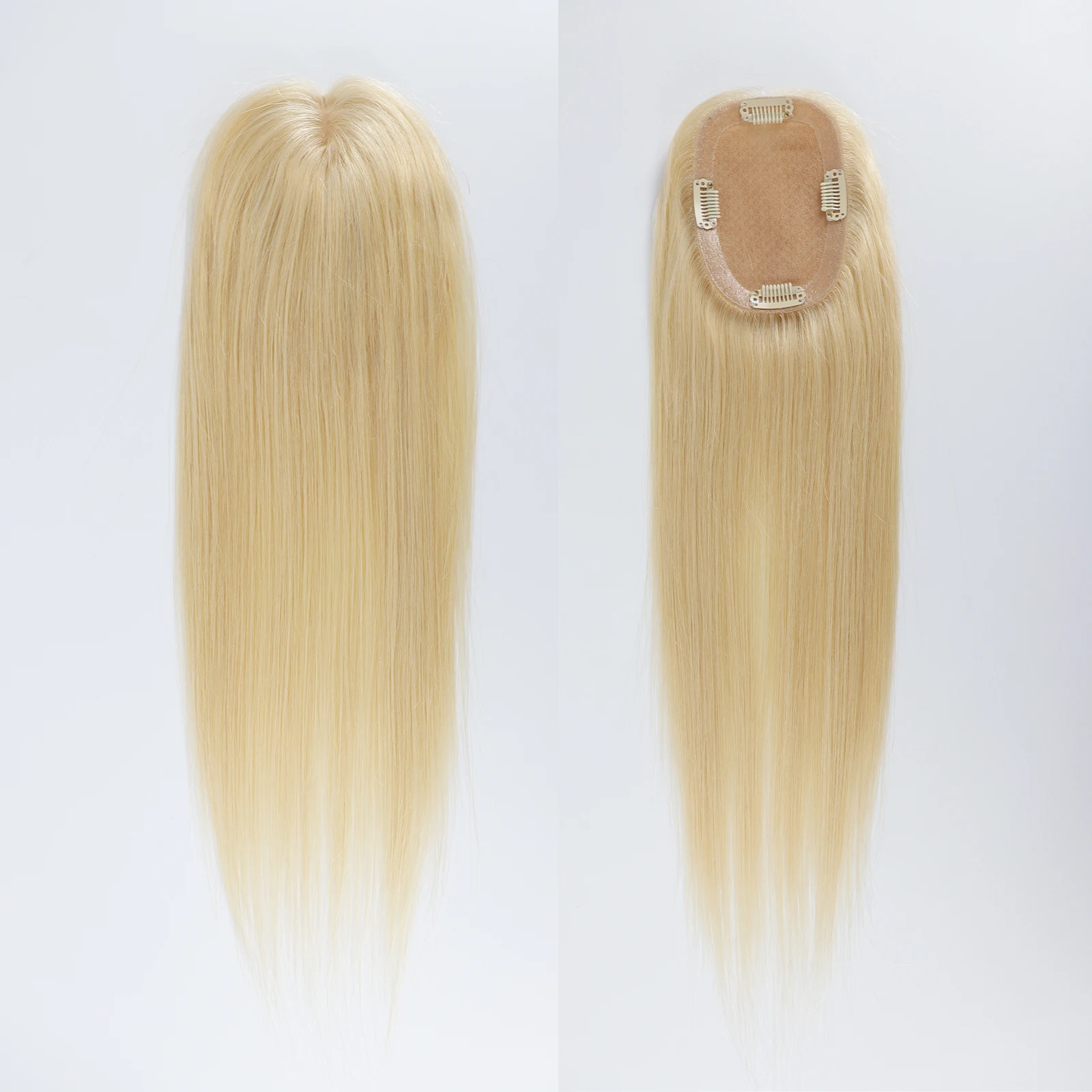 Hair Topper Silk Base wit PU around Light Blonde #613 3x5'' Full Hand tied with Clips in with Baby Hair for Woman Hairpiece - Detail 1
