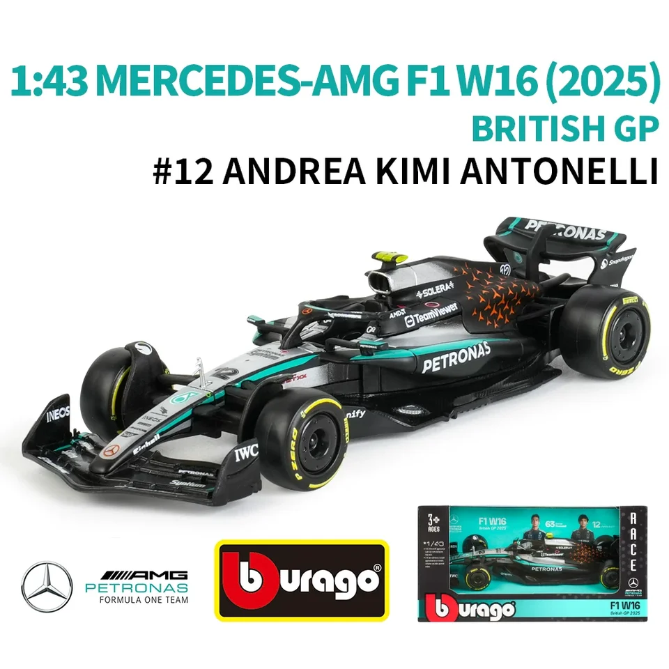 New In Stock Bburago 1:43 Mercedes Amg W16E F1 2025 Britain Gp #63