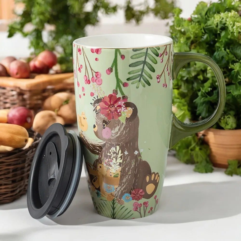 Large Generous 560ml Stunning Hand-Painted Ceramic Mug with Lid - Vibrant Hot Air Balloon, Bird, and Sunflower Design - Perfect