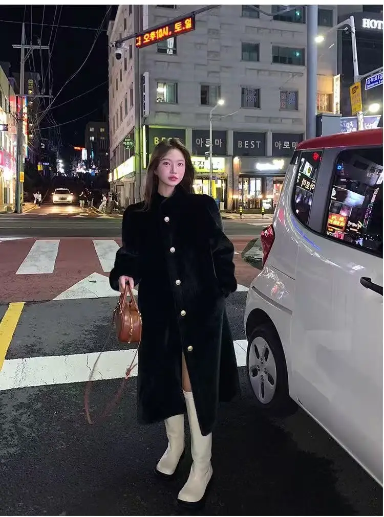 المرأة رقيق أسود طويل فو الفراء سترة عادية الصلبة الوقوف طوق واحدة الصدر فضفاض معطف دافئ سيدة الشتاء اليومية الشارع معاطف