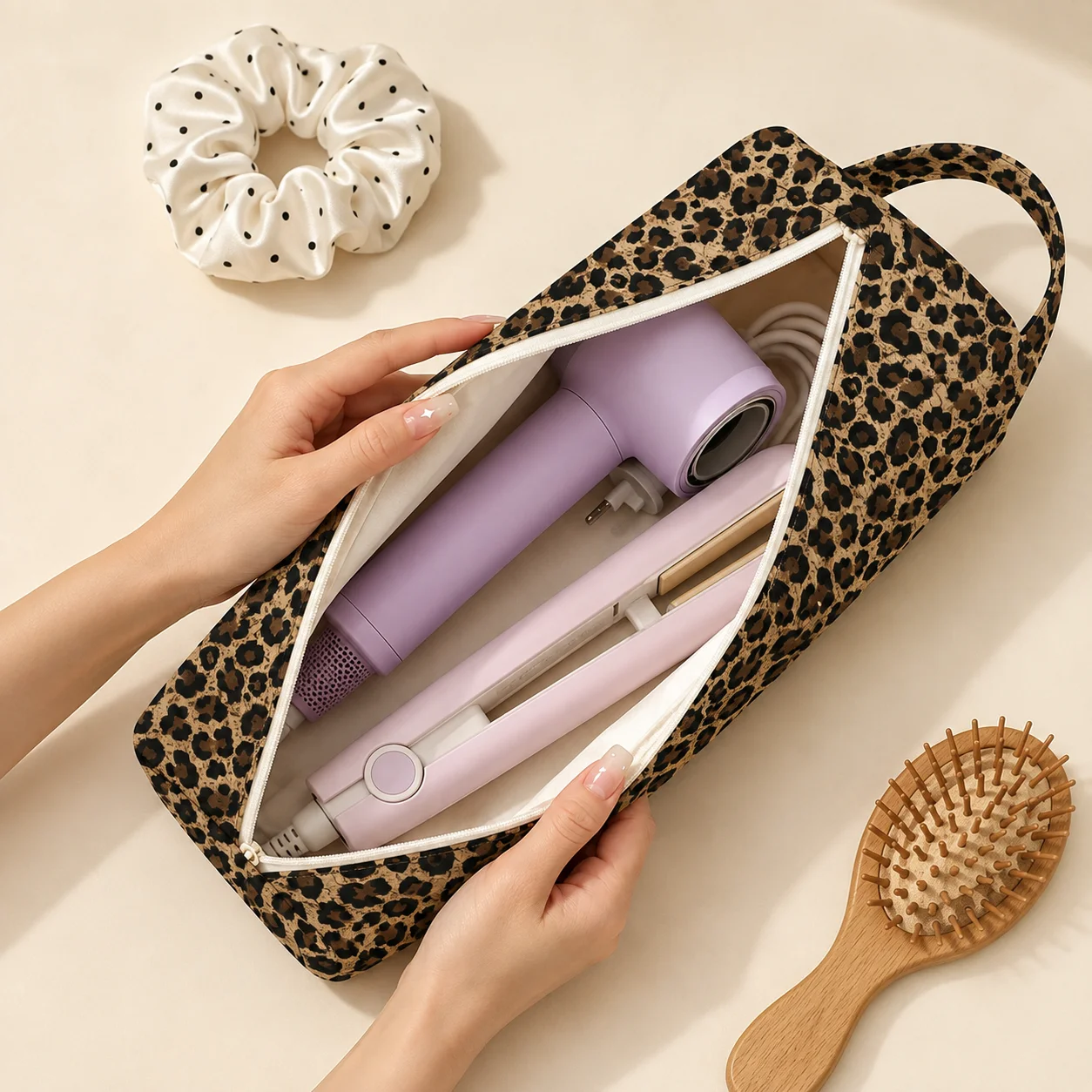 Leopard Hair Tool Bag Printed Padded Styling Pouch for Travel Salon Curling Iron Straightener Hair Dryer Storage Organizer Case