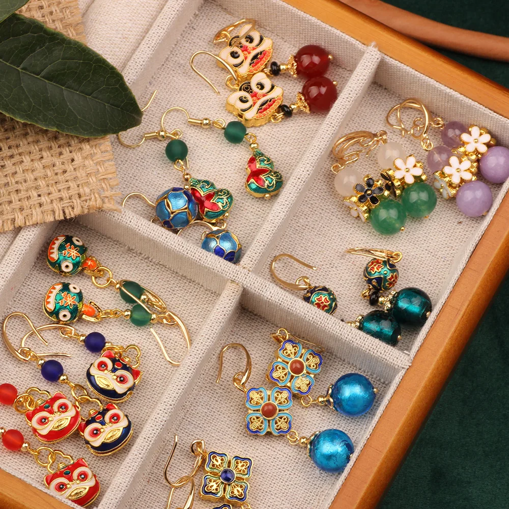 New Original Ethnic Style Middle Cloisonne Design  Lion Face High Earrings Chinese Style Retro Elegant Earrings for Women