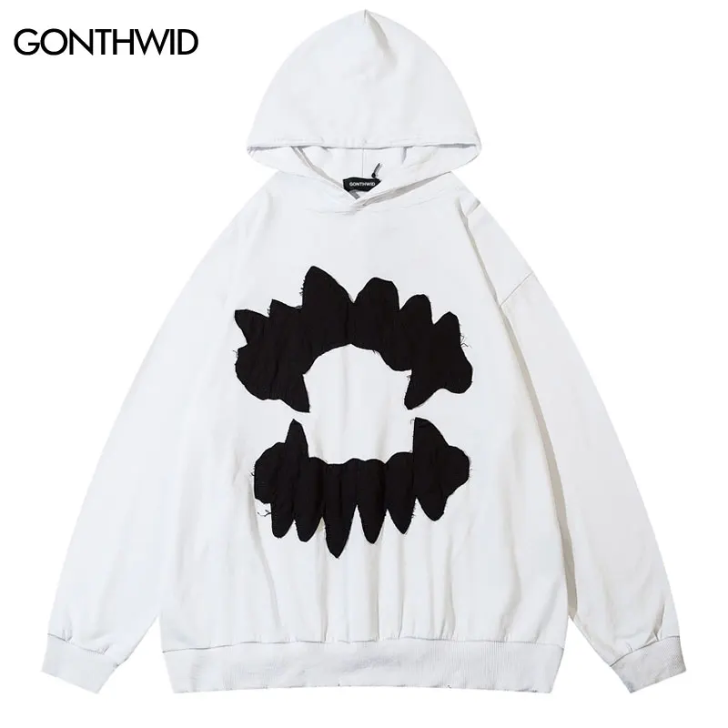 Vintage Teeth Hoodie Streetwear Hip Hop Retro Embroidery Patch Washed Hooded Sweatshirt Y2K Men Women Fashion Loose Hoodies