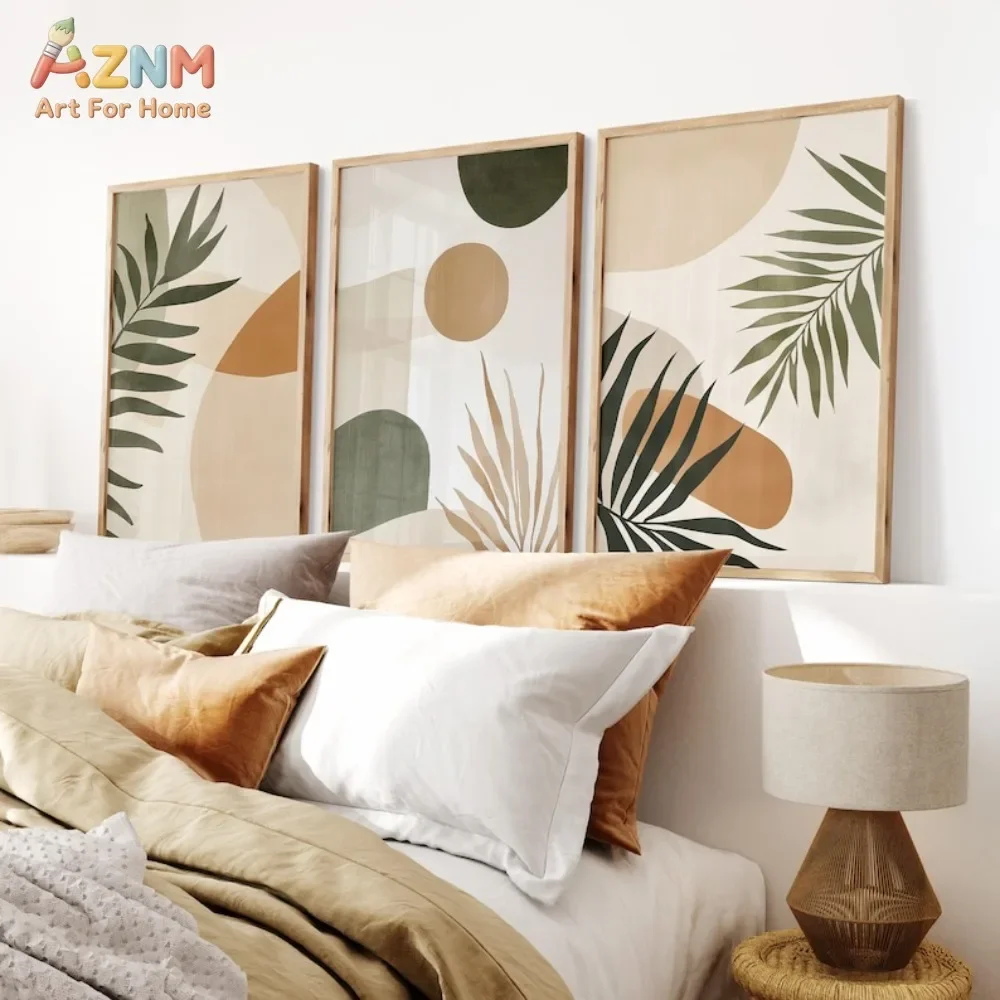 AZNM Frameless Canvas Poster Boho Abstract Palm Leaf Print, Neutral Geometric Shape Earth Tone Minimalist Plant Wall Picture for