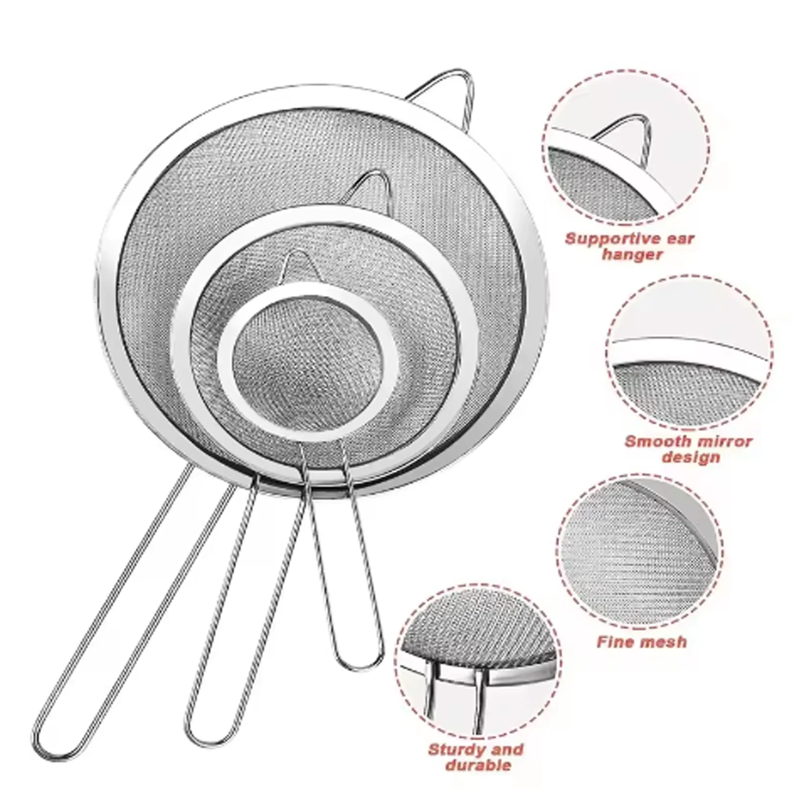 3Pcs Mesh Filter Sieve Stainless Steel Slotted Spoon Kitchen Set of 3 Fine Strainers Long Handle for Cooking Sifting and Frying