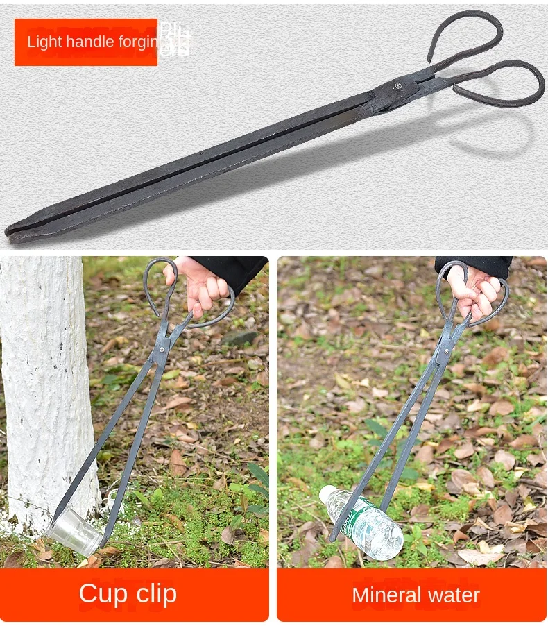 Hand-Forged Fire Tongs Trash Folder Long Handle Thickened Garbage Clamp Pickup Device Hawkbill Barbecue Charcoal Pliers