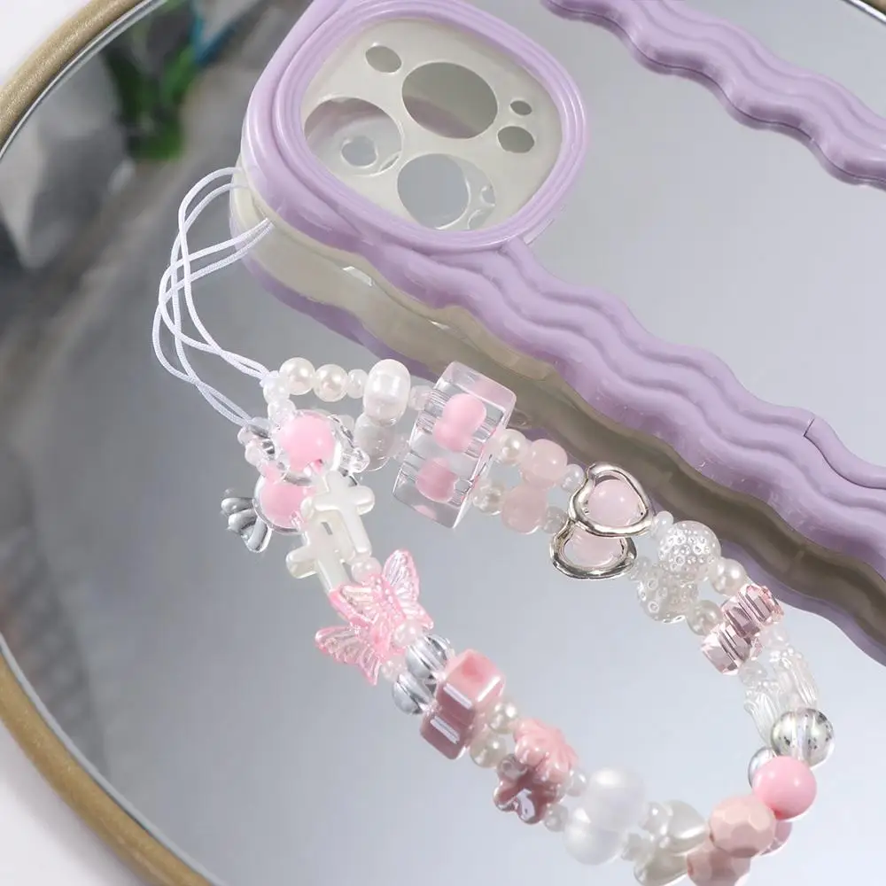 

Sweet Cool Y2k Phone Lanyard Pink Pearl Buttfly Style Cool Girl Phone Chain Heart Star Bear Phone Pendant Female