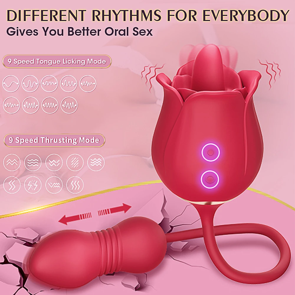 Rose Toy Vibrator for Woman Tongue 3 in 1 Licking Clitoral Stimulator Thrusting G Spot Dildo Clit Nipple Licker for Women Goods