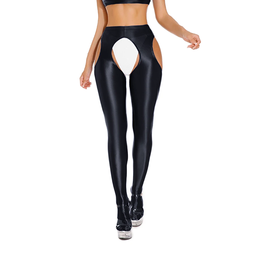 Mallas sexys transparentes para mujer, brillantes, aspecto húmedo, entrepierna abierta, pantalones elásticos ajustados para Yoga y baile