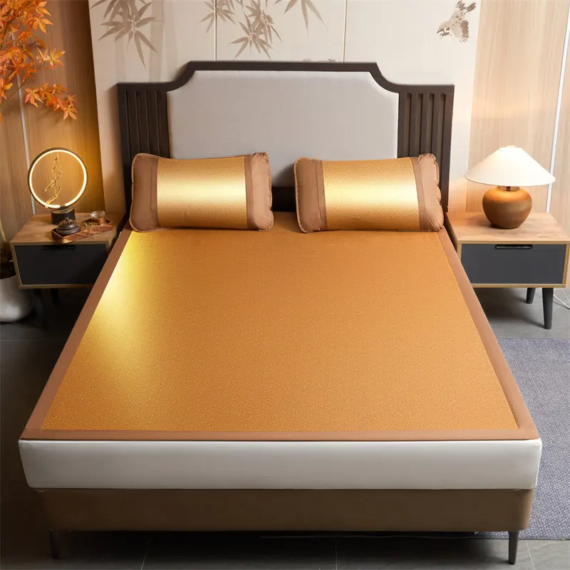 Natural Bamboo Summer Mat for Bed Soft Comfort Cooling Mat Naked Sleeping Cool Bed Pad and Pillowcase Non-Slip Fitted Bed Sheet