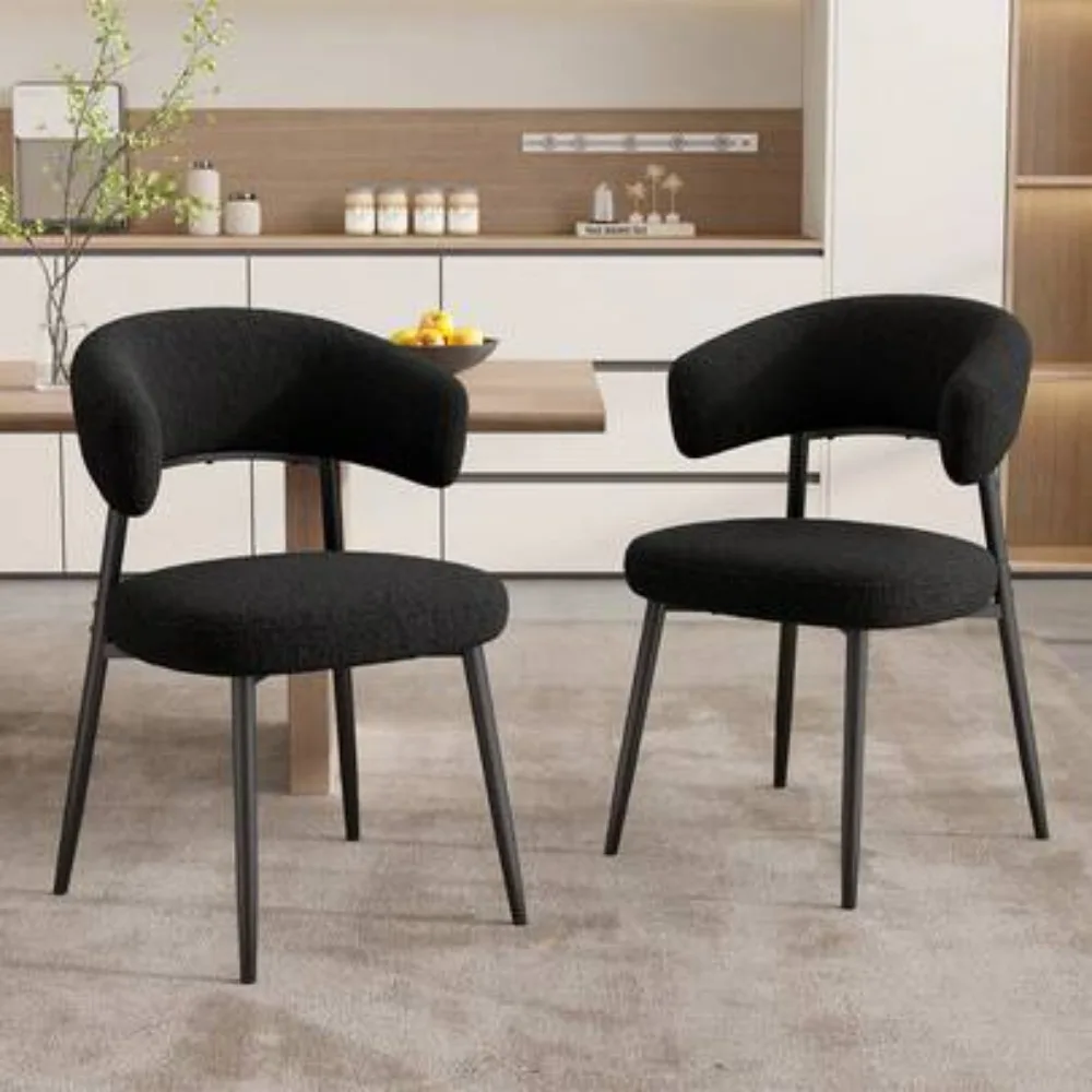 Dining Chairs Set of 2 or 4, Mid Century Modern Kitchen Chairs with Soft Teddy Fabric, Ergonomic Curved Backrest, High Density Sponge Padding, Sturdy Metal Legs for Dining Room Living Room Office Apartment, Black