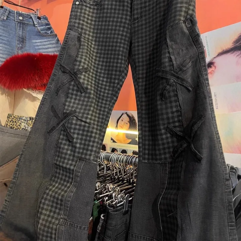 Y2k 다크 스타일 밀레니얼 청바지 여성용 미국 레트로 하이 스트리트 체크 무늬 약간 플레어 팬츠 루즈 캐주얼 바지