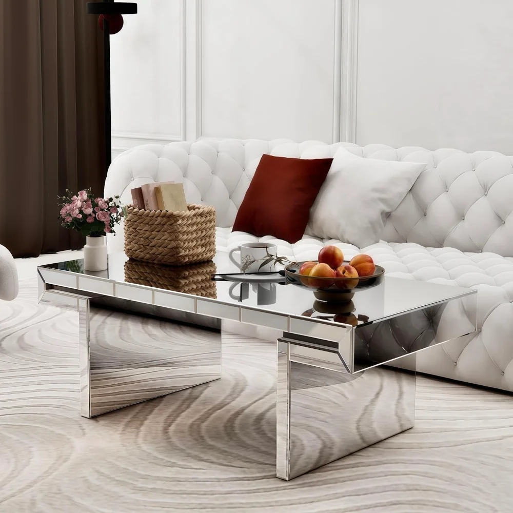 48" Modern Luxury Rectangle Mirrored Coffee Table - Silver Finish Center Table with Fluted Glass Edge