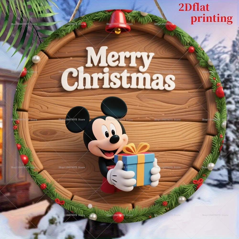 عيد ميلاد سعيد ديزني ميكي شعار شخصية مستديرة خشبية معلقة علامة الباب الأمامي جدار عطلة حزب الاحتفال الديكور