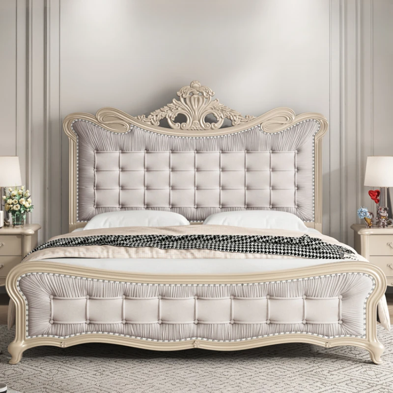 

European light luxury solid wood bed, double king bed, American court luxury crown velvet bed, French cream style princess bed