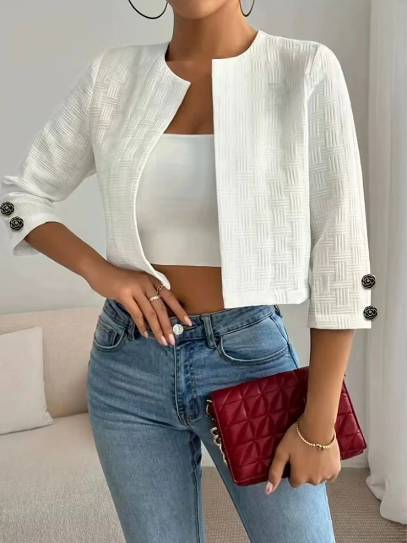 

Women's Casual Striped Fabric Pattern Jacket Half Sleeve Crew Neck Open Front All Season Simple Decent Plain