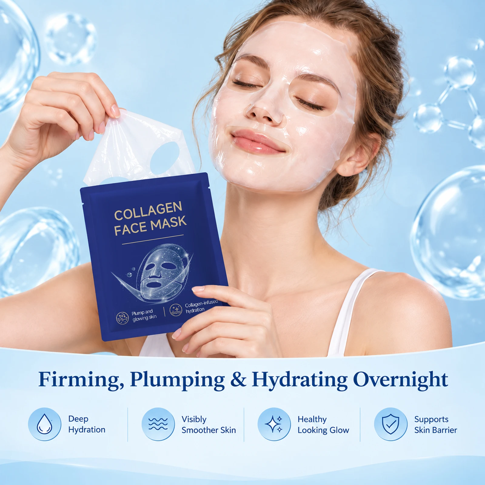 Deep Collagen Facial Mask Long Lasting Hydrating Anti Aging Minimize Pores Boost Skin Elasticity Plumping Bio-Collagen Face Mask