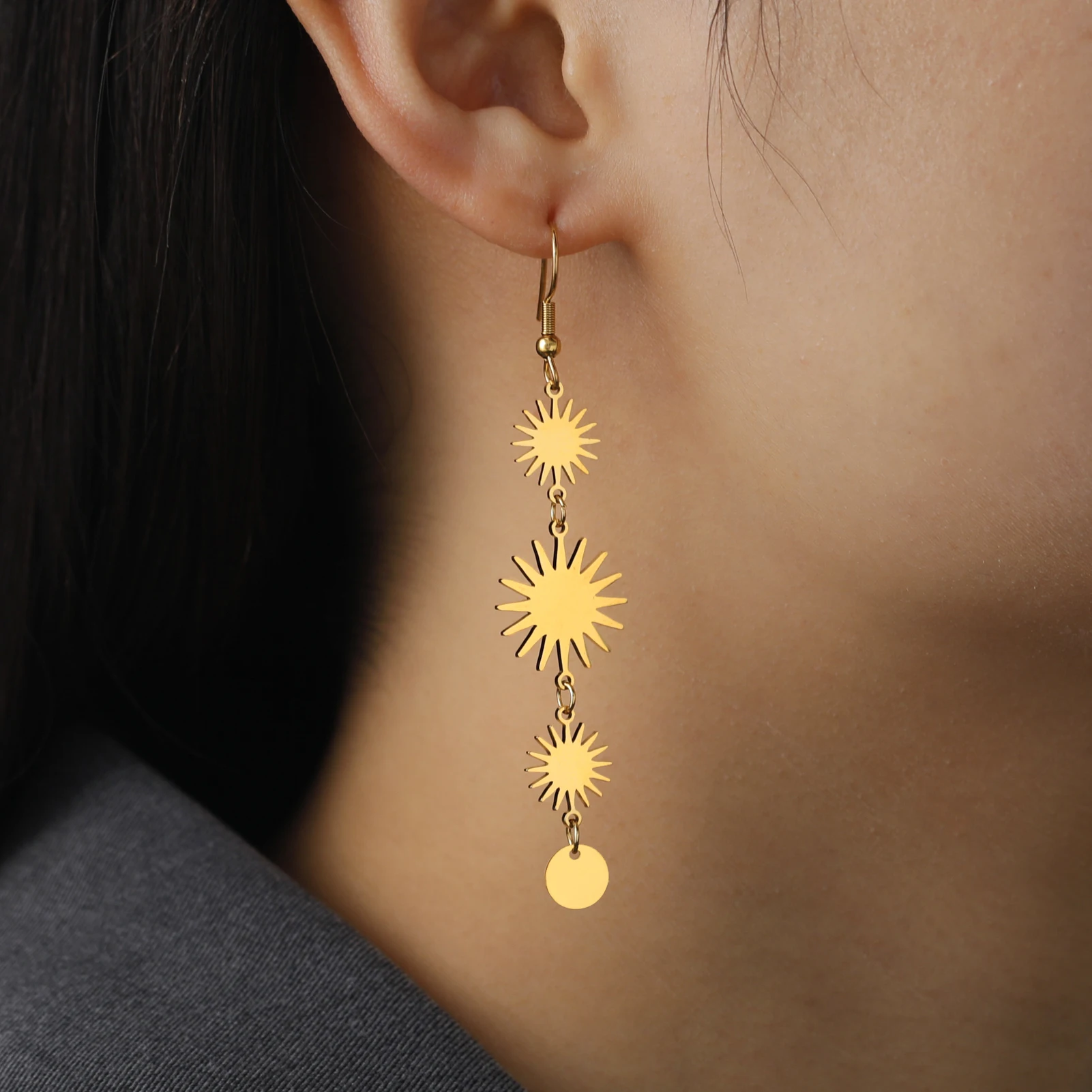 JDZQJ Three Sun Totem Dangle Earrings for Women Girl Plating Gold Stainless Steel Drop Earring New Trendy Exquisite Jewelry Gift