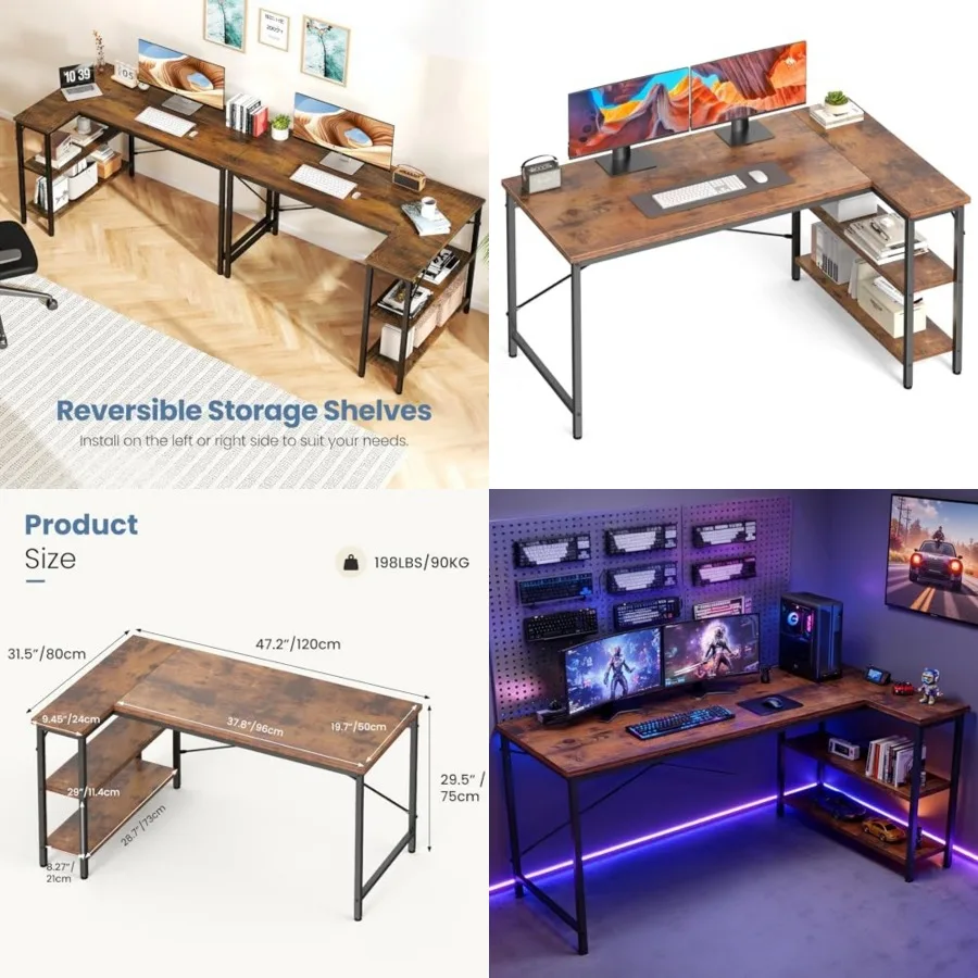 

L Shaped Desk Computer Desk Gaming Furniture Corner Desks Home Office PC Table Reversible Storage Shelves for Writing Working S