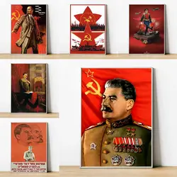 Soviet Union Leaders Canvas Wall Art  Vintage Lenin  Stalin Portraits with Russian Soldier Decorative Poster for Home Decor