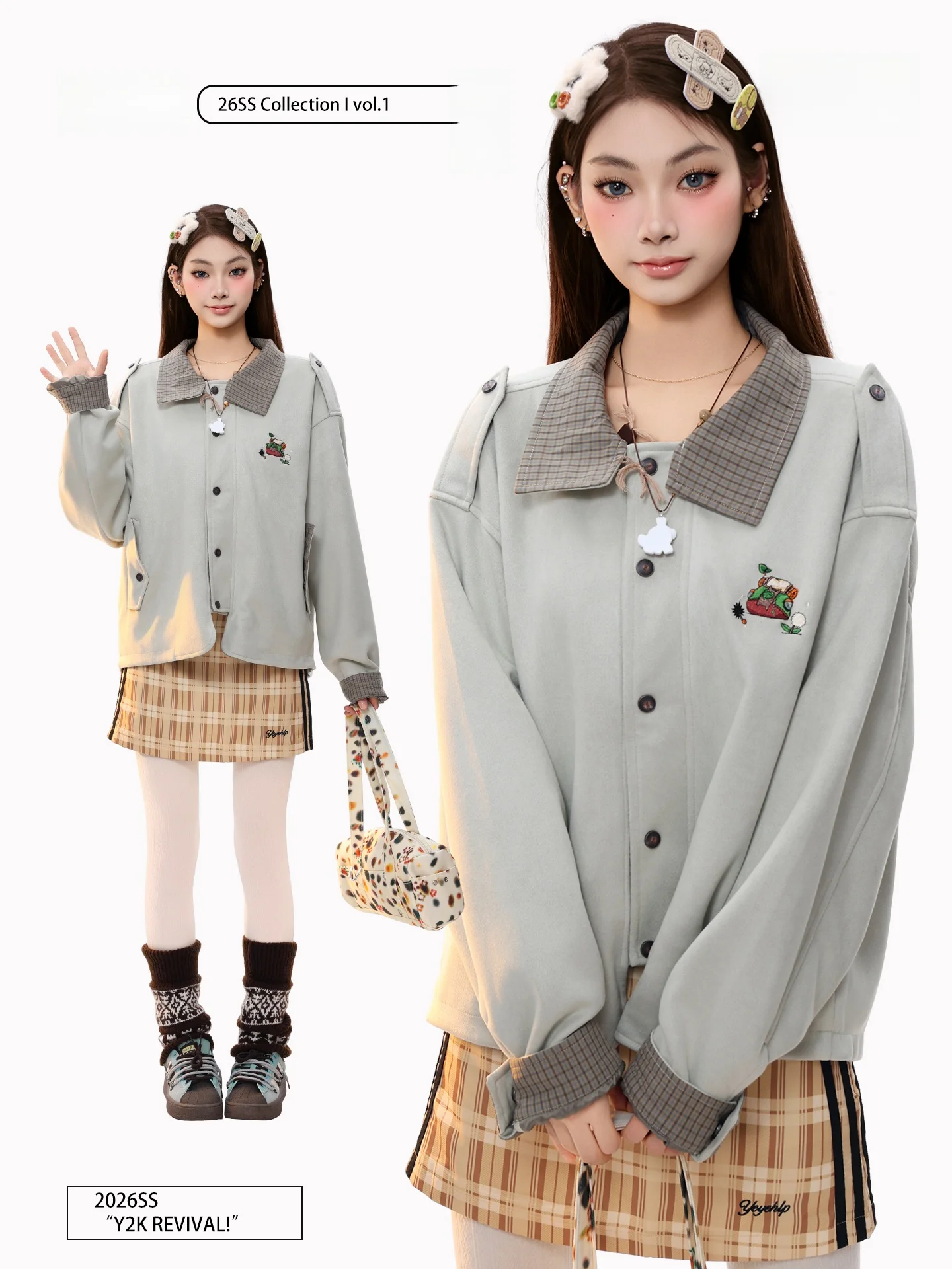 

PBB American Retro Cartoon Embroidered Plaid Jacket Women's Spring Checkered Patchwork Turn-down Collar Little Fragrance Styl...
