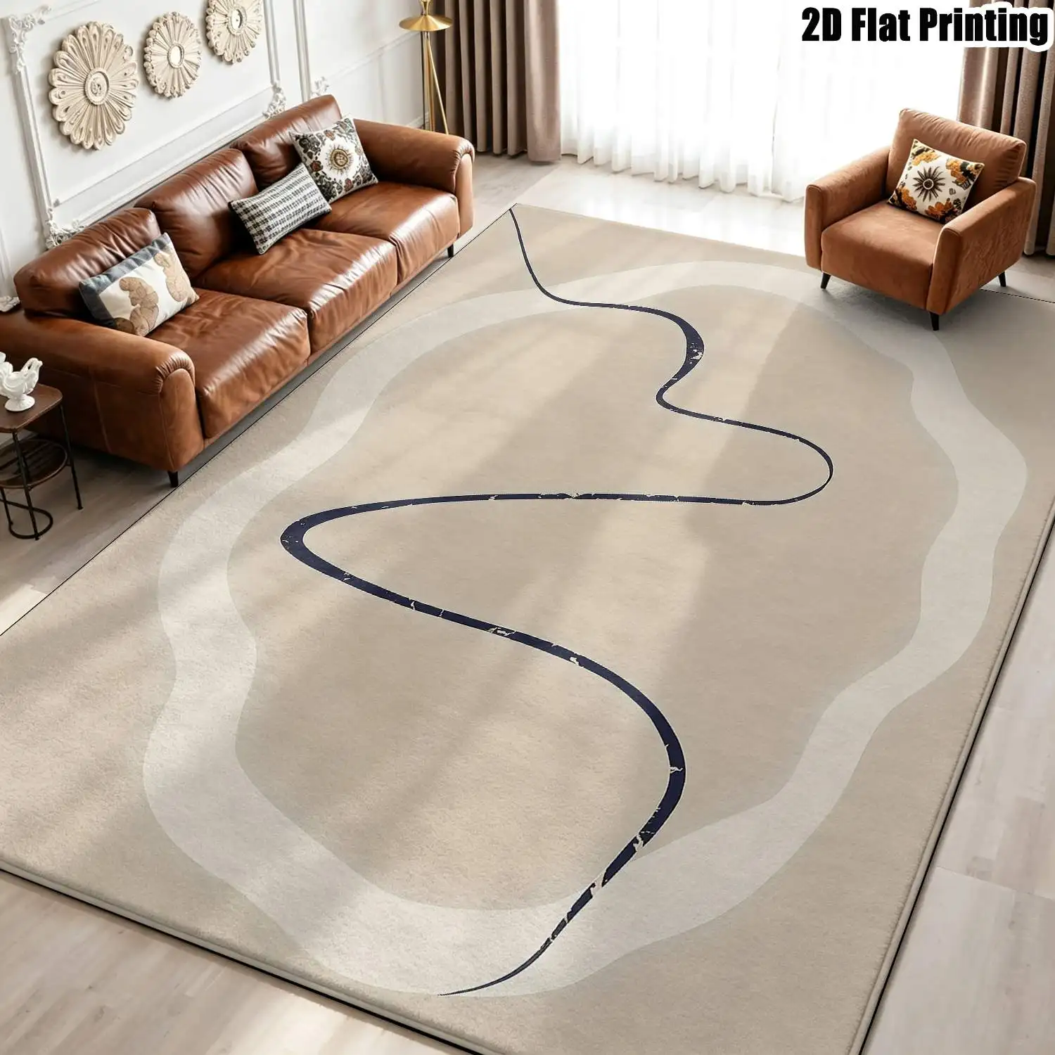 1Pc 2D Printed Nordic Beige Geometric Carpet, Instagram-Style Modern Minimalist Floor Mat, Machine Washable, Multi-Size, Suitable for Home Decor, Entrance/Dining/Bedroom/Living Room