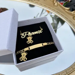 DUOYING Custom Bear Necklace Set Personalized Thicker Chain Gold Charms Letter Teddy Bear Bracelet For Kids Jewelry Gift