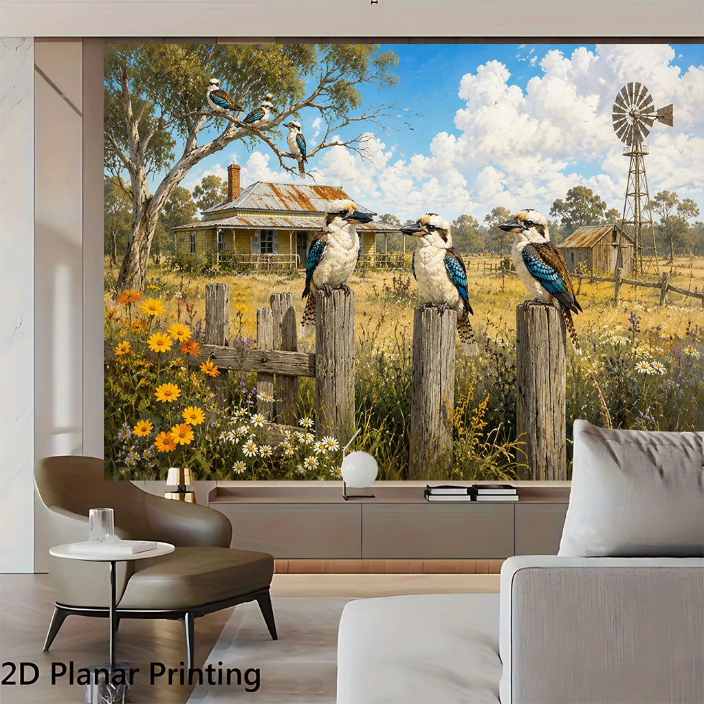 Australian Kookaburra Birds Farmhouse Windmill 2D Flat Tapestry Backdrop For Country Home Decor Wildlife Nature Wall Hanging