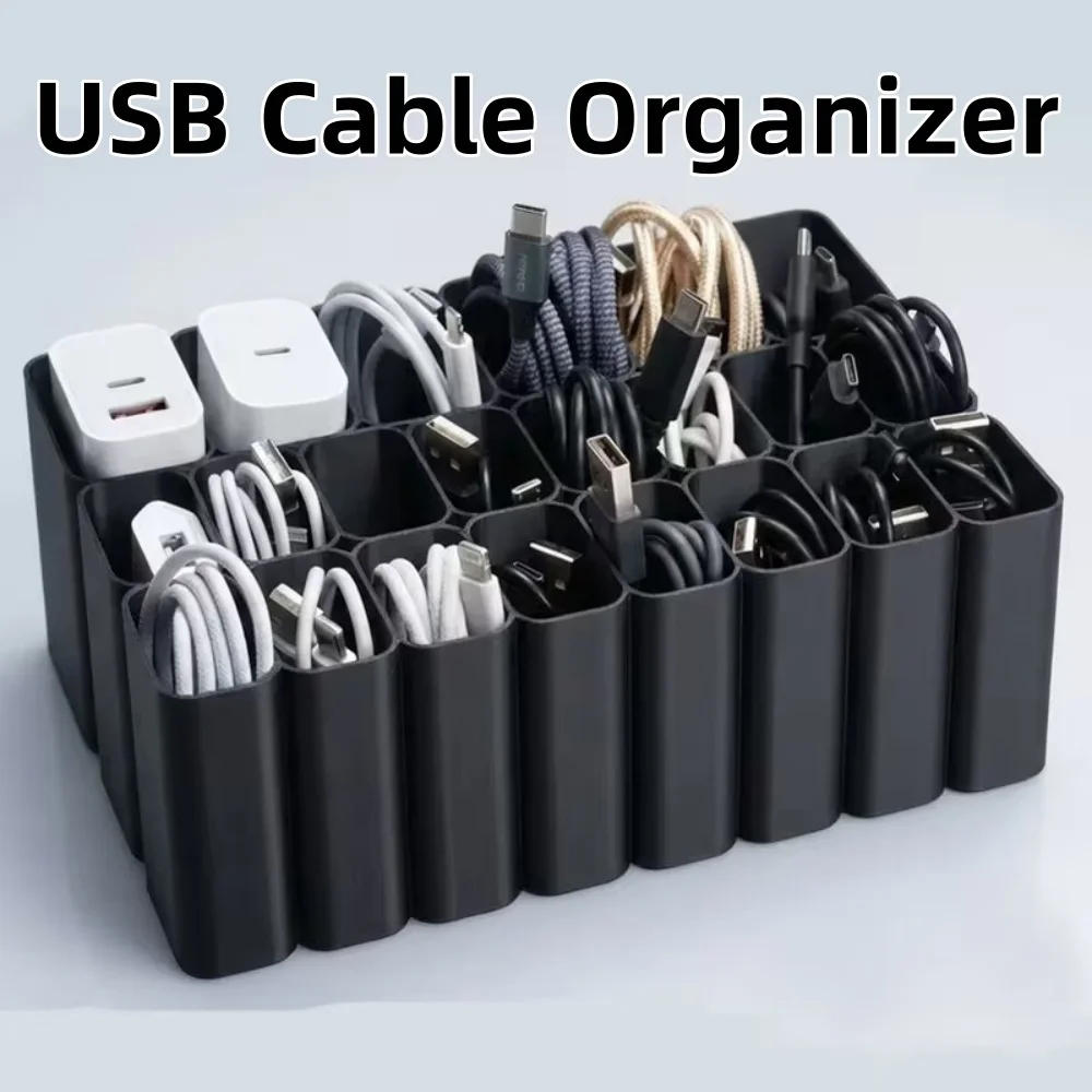 11/22 Grids USB Cable Storage Tray Desktop Electronic Accessory Organizer For Home Office Wire Management Box