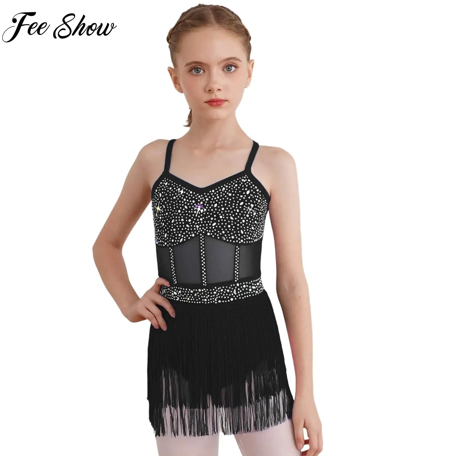 

Kids Girls Latin Tango Dance Leotard Dress Party Cha-cha Samba Dancing Performance Costume Sparkly Rhinestone Mesh Tassel Dress