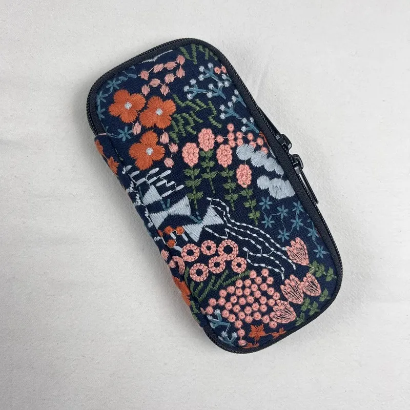 

Hand Embroidery Pencil Case; Multi-hole Pen Bag; Fabric Storage Bag; Zipper Pencil Case; Portable Pancake Bag Dark Blue