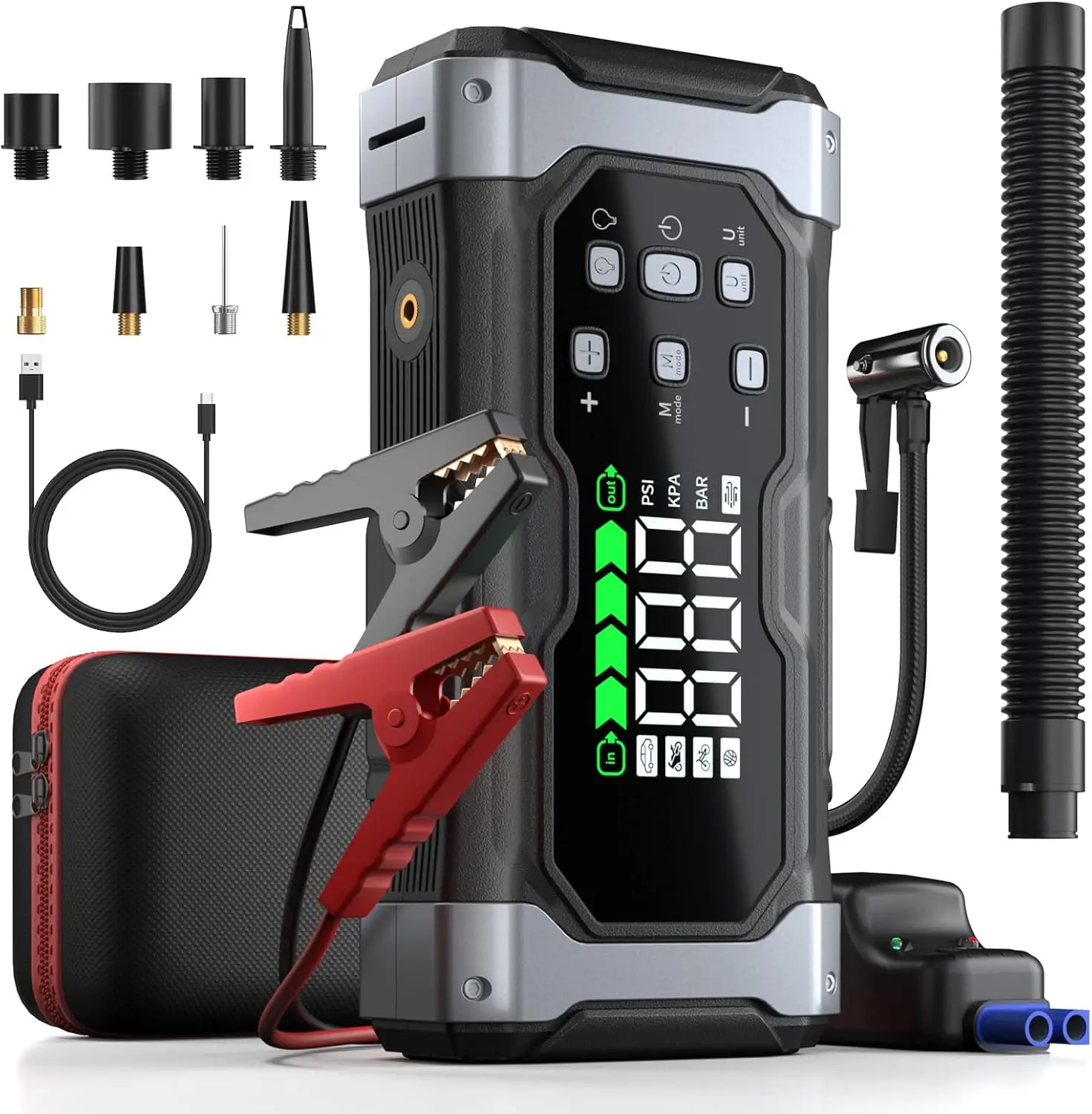 

9-in-1 Portable Jump Starter with 150PSI Air Compressor, Real-Time LCD & Smart Cables for All Vehicles