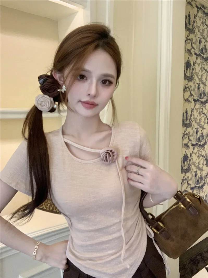 

Slim Fit Short Sleeve T-Shirt Women's Design Sensation Sweet And Spicy Uneven Waist Pleated Elegant Top Korean Style Commute ...