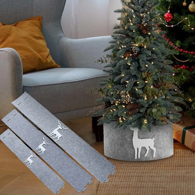 Grey Christmas Tree Collar Skirt Reindeer Xmas Tree Collar Basket Ring Xmas Tree Base Stand Cover Mat Farmhouse Holiday Ornament